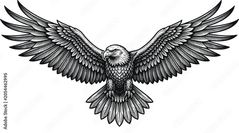 Obraz premium Powerful bald eagle soaring with spread wings in woodcut style