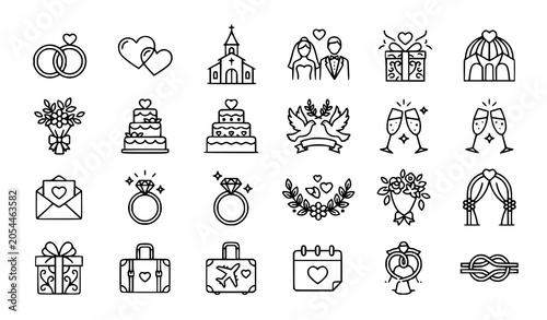 Foto Wedding minimal thin line icons vector set with love church and marriage symbols