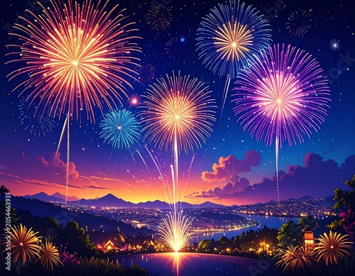 Vivid digital art depicting a vibrant fireworks display bursting over a scenic city skyline at dusk with trees and water