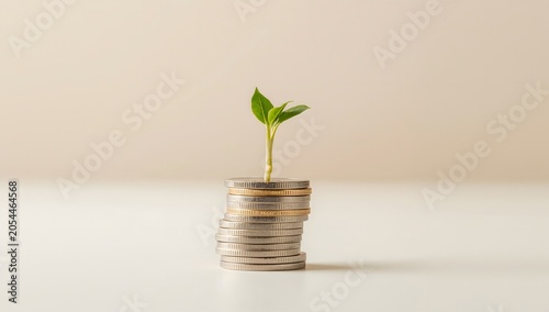 Small green sprout growing from a stack of silver and gold coins