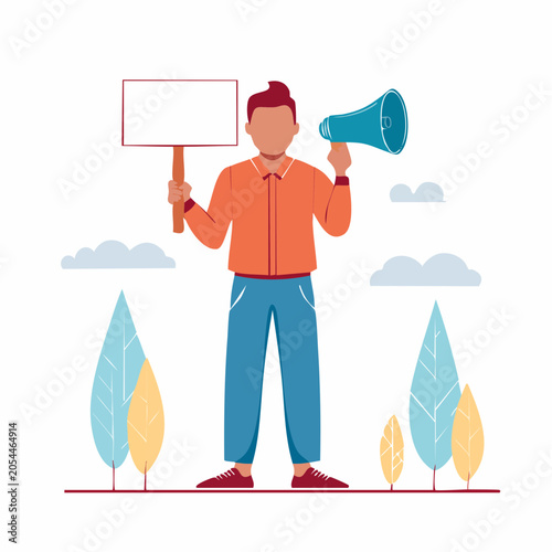 Person holding protest sign and megaphone