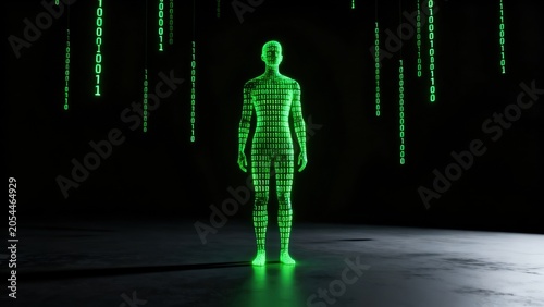 Human figure composed of binary code