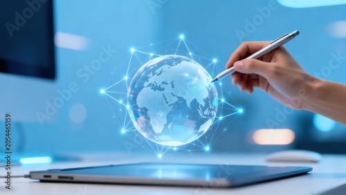 Hand holding pen near digital globe