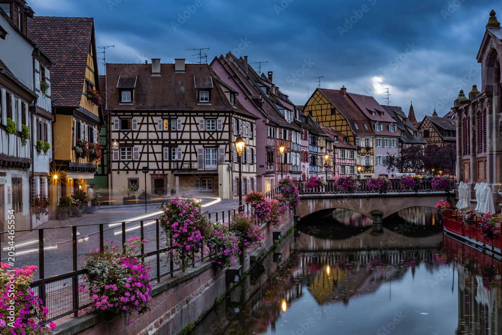 Fototapeta premium Beautiful Colmar France Night Town View with Canal and Historic Architecture