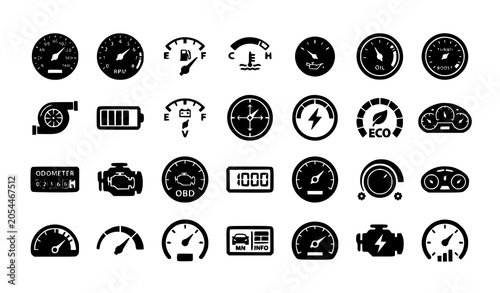 Black Speedometer Vector Icons Featuring Performance Gauges Dashboard Meters and Indicators
