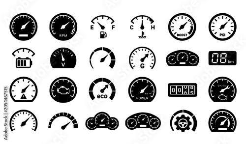Tableau sur toile Speedometer and Performance Gauge Black Glyph Icon Set with Dashboard Meter Indi