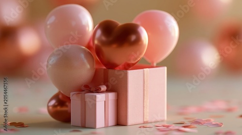 Sweet Surprises: A charming composition of pink and rose gold balloons and gift boxes, including a heart-shaped centerpiece, creating a festive and romantic atmosphere for any special occasion.