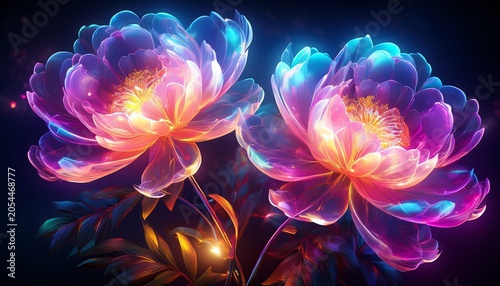 Peony Flowers Transparent Glowing Vibrant Neon Like