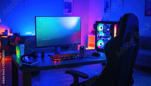 Gamers Desk with Neon Lights and Computer.