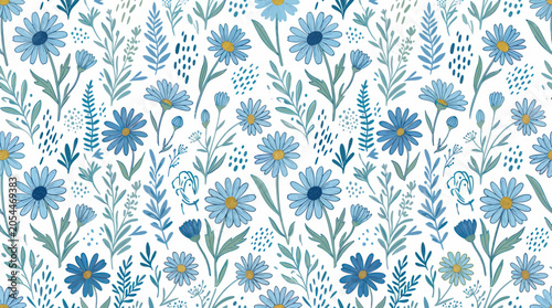Blue daisy flowers and botanical leaves seamless pattern