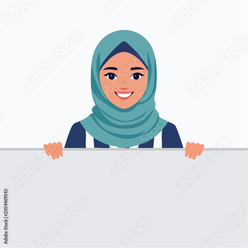 Smiling Muslim Woman in Hijab Holding a Blank White Board