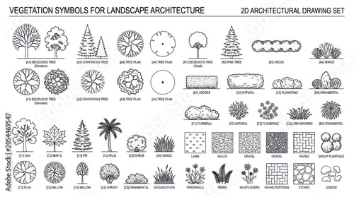 Architectural vegetation symbols for landscape design plans