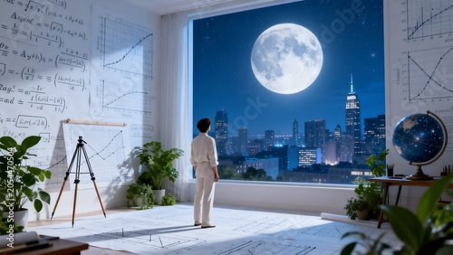Person gazing at moonlit cityscape