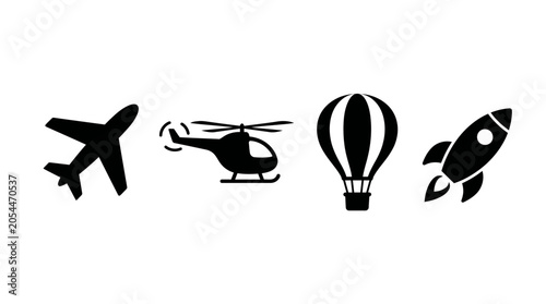 Various transportation icons airplane, helicopter, hot air balloon, rocket