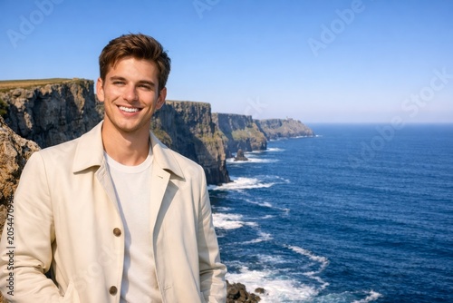 Smiling young man standing on a rocky cliff overlooking the blue ocean on a sunny day with a bright and adventurous atmosphere.