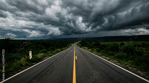 A long asphalt road stretches towards dramatic storm clouds over a lush green landscape during daytime