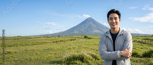 Smiling Asian man standing in a vast green meadow with a majestic volcanic mountain in the background under a clear blue sky during a sunny day.