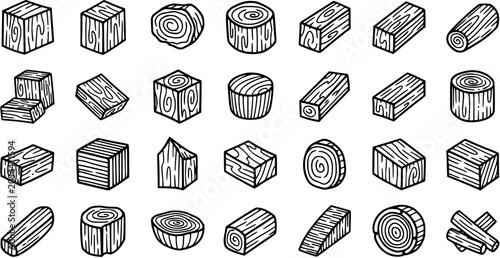 Fotografie Forestry and Construction Wood Industry: Black and White Line Art Hand-drawn Ico