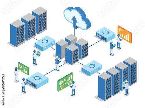 Modern cloud computing network infrastructure with servers and data analysis.