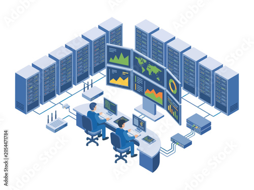 Data center with servers and monitoring screens and people working.