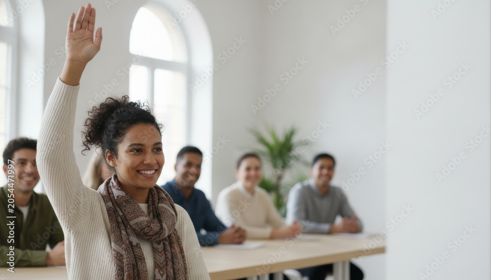 Fototapeta premium Young woman raising hand in classroom during seminar