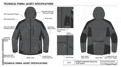 Bild auf Leinwand Technical parka jacket design specifications for garment production