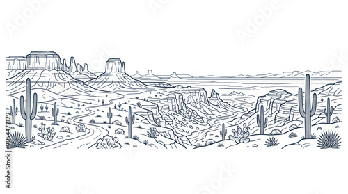Foto Desert canyon landscape with mesas and saguaro cacti line art