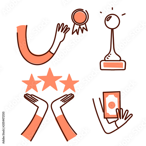 Hand drawn doodle illustration set featuring business success, reward, and recognition concepts. Includes trophy, first place medal, star rating, thumbs up, and hand holding money