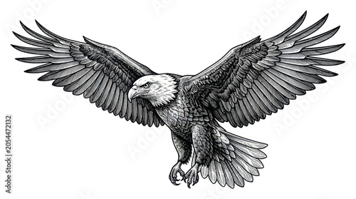 Foto Bald eagle soaring with wings spread wide in detailed etching style