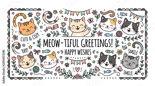 Adorable kawaii cat faces and floral doodles for greeting cards