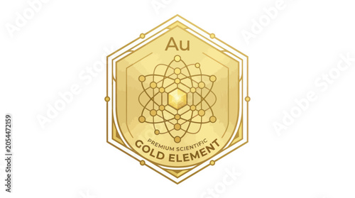 Scientific gold element symbol au with atomic model in hexagon