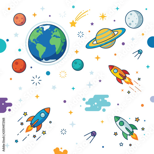 Outer space collection with earth planets rockets and stars