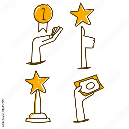 Hand drawn doodle illustration set featuring business success, reward, and recognition concepts. Includes trophy, first place medal, star rating, thumbs up, and hand holding money