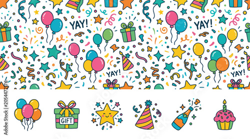 Colorful birthday celebration doodle pattern and icon set