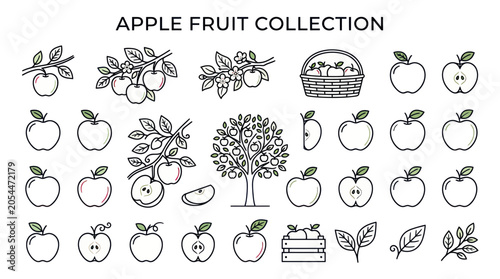 Apple fruit icons with tree branches and harvest baskets