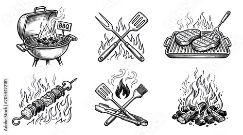 Barbecue grill and cooking tools with fire sketches