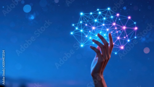 Hand reaching for glowing network brain