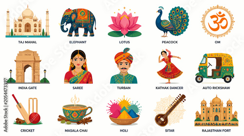 Fotografie A vibrant collection of Indian cultural icons and landmarks, including the Taj Mahal, elephants, lotus flowers, peacocks, traditional attire, dances, transport, and festivals