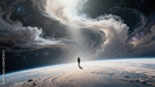 Person standing on planet edge with cosmic sky