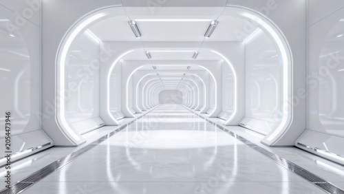 Futuristic white corridor with arches
