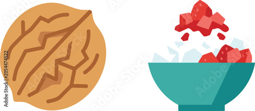 Cute Colorful Strawberry Bingsu & Walnut Hodu-gwaja Vector | Simple Korean Dessert Illustration Pack