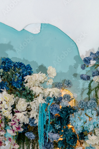 Vertical Close Up of Blue and White Wedding Floral Arrangement