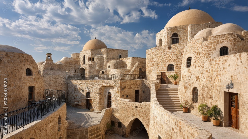 Fototapeta premium Ancient stone monastery complex with domes and courtyards under a blue sky