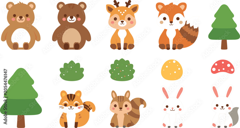 Fototapeta premium Cute Woodland Animals Icon Set with Bear Fox Deer Rabbit and Squirrel Characters for Nursery Decor Children Books and Baby Shower Designs