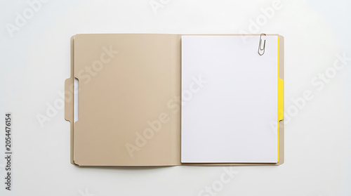 Open file folder with blank paper isolated on white background