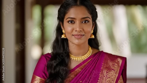 Beautiful Indian Woman Wearing Traditional Silk Saree and Gold Jewelry.