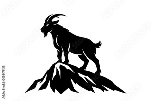 Ink Goat Illustration, Black silhouette of a goat standing on a mountain peak, representing ambition and perseverance