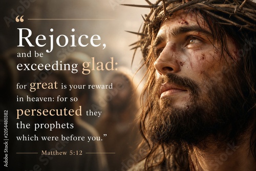 Rejoice and be Glad: Matthew 5:12 Bible Verse Poster on Heavenly Reward and Persecuted Prophets.