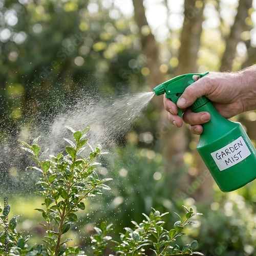 Person spraying garden mist on green leafy plants outdoors