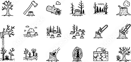 Schilderij op canvas Doodle Black and White Line Art Deforestation Icons Set: Logging, Tree Stumps, C